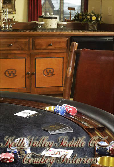 Every drawer and cabinet face designed with custom cowboy interior designs that are deeply hand carved, with greatest care, on the leather. Each piece has the eye appeal and a sense of living flow. All original cowboy art designs by Keith Valley