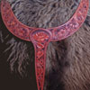 Martingale with hand tooled domestic rose, copper rose and blue bells with flowing scroll work